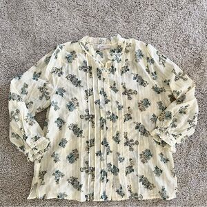 LOFT Women's Cream and Green Floral Blouse